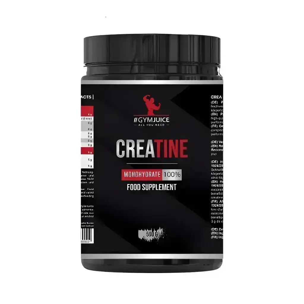 Schwarzer Behälter mit GYMJUICE Creatine Monohydrate Nahrungsergänzungsmittel