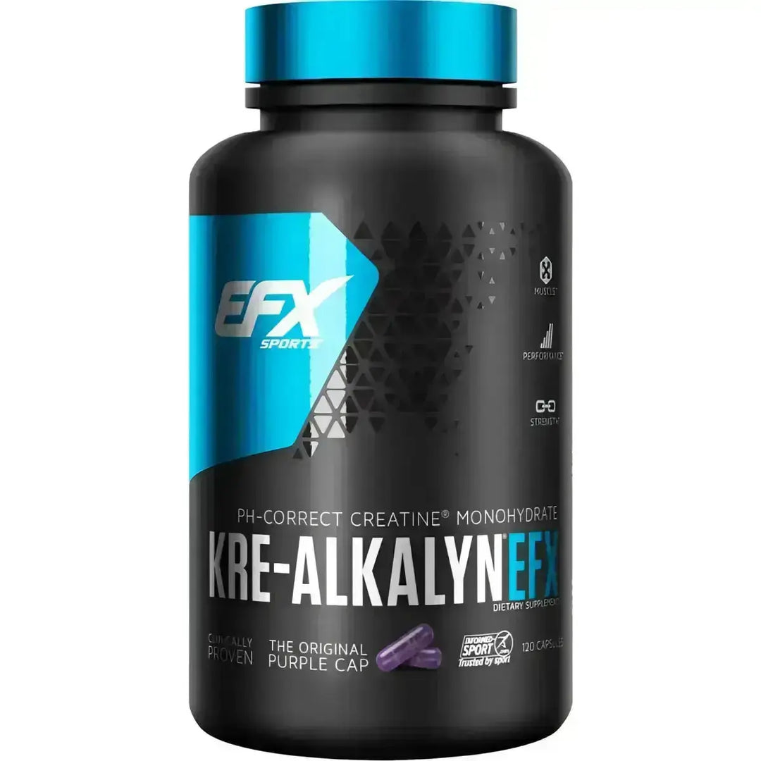 Schwarze Flasche EFX Kre-Alkalyn Kapseln mit blauem Deckel für gepuffertes Kreatin