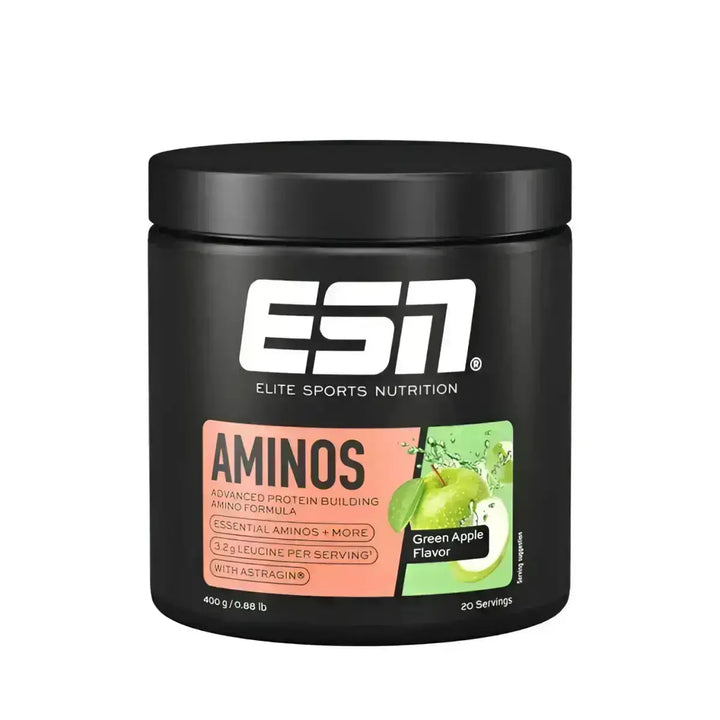 Schwarzer ESN Aminos 400g Behälter mit grünem Apfelgeschmack, essentielle Aminosäuren