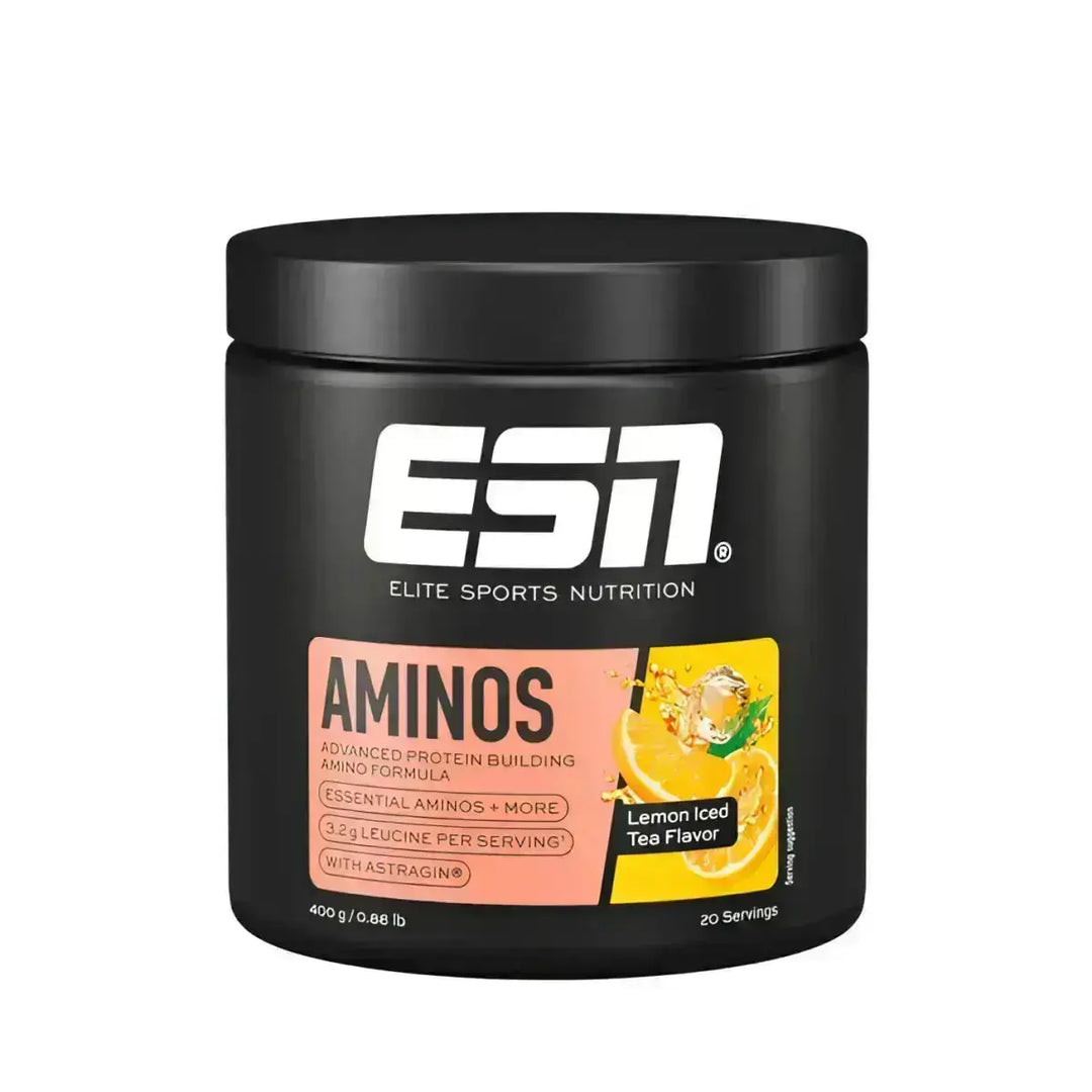 Schwarzer ESN Aminos 400 g Behälter mit Zitronen-Essential Amino Acids Getränk