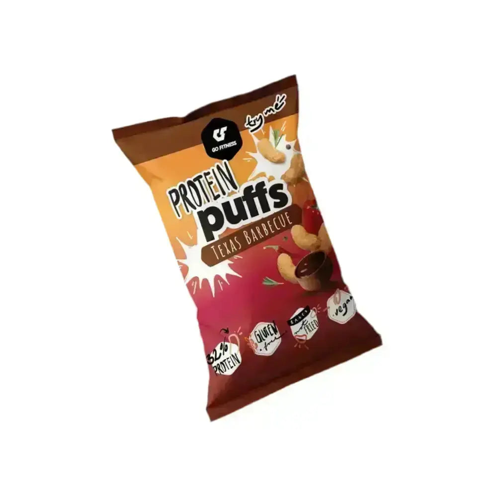Bag of Texas barbecue protein puffs from Gofitness Protein Puffs 6x50g Box