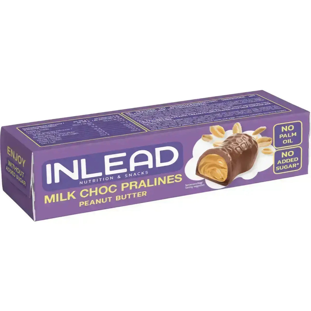 Schachtel mit INLEAD Protein Pralines 50g, gefüllt mit Mini Peanut Chocs