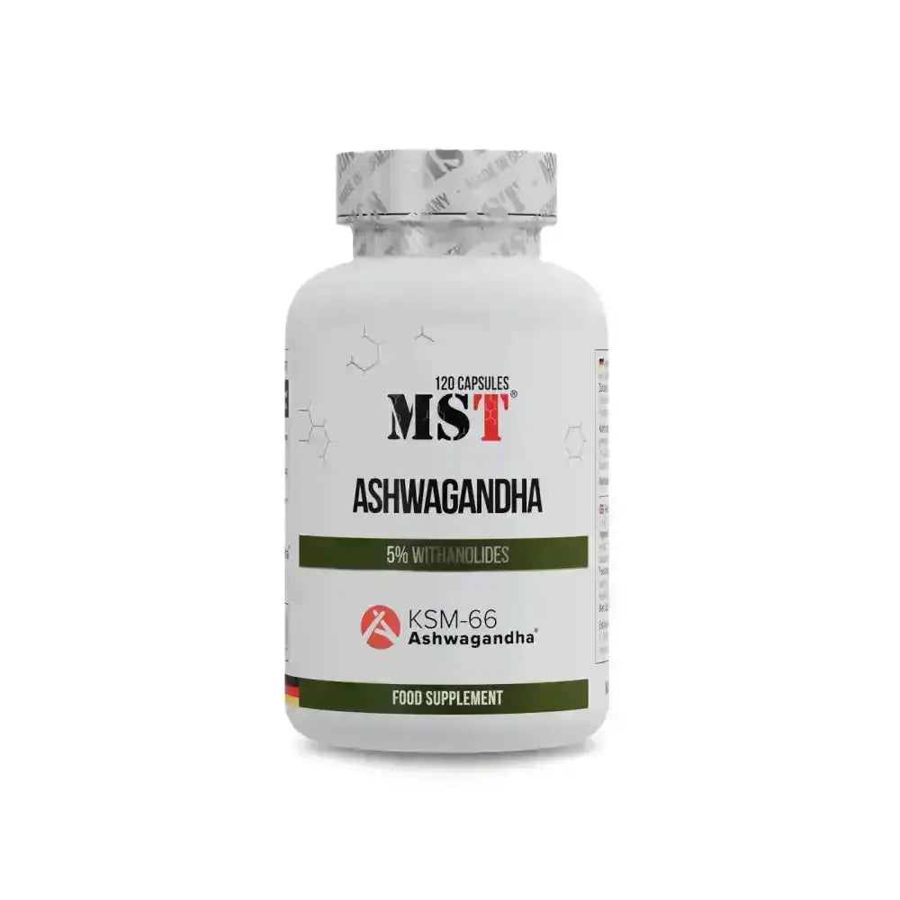 Weiße Flasche mit MST Ashwagandha KSM-66® Kapseln, natürliches Nahrungsergänzungsmittel