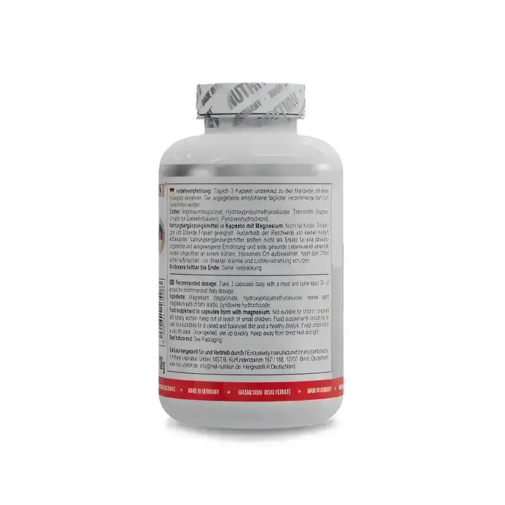 Weißer Supplementflasche mit Nährwertangaben für MST Magnesium Bisglycinat Kapseln