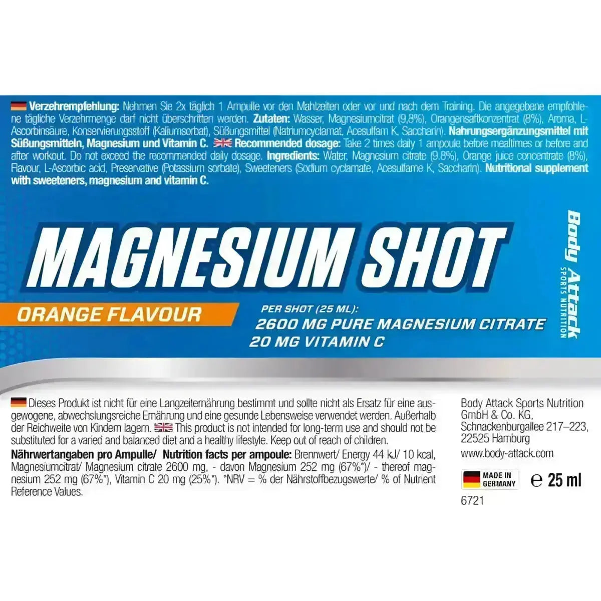 Body Attack Magnesium Shots 20x25ml - Orange