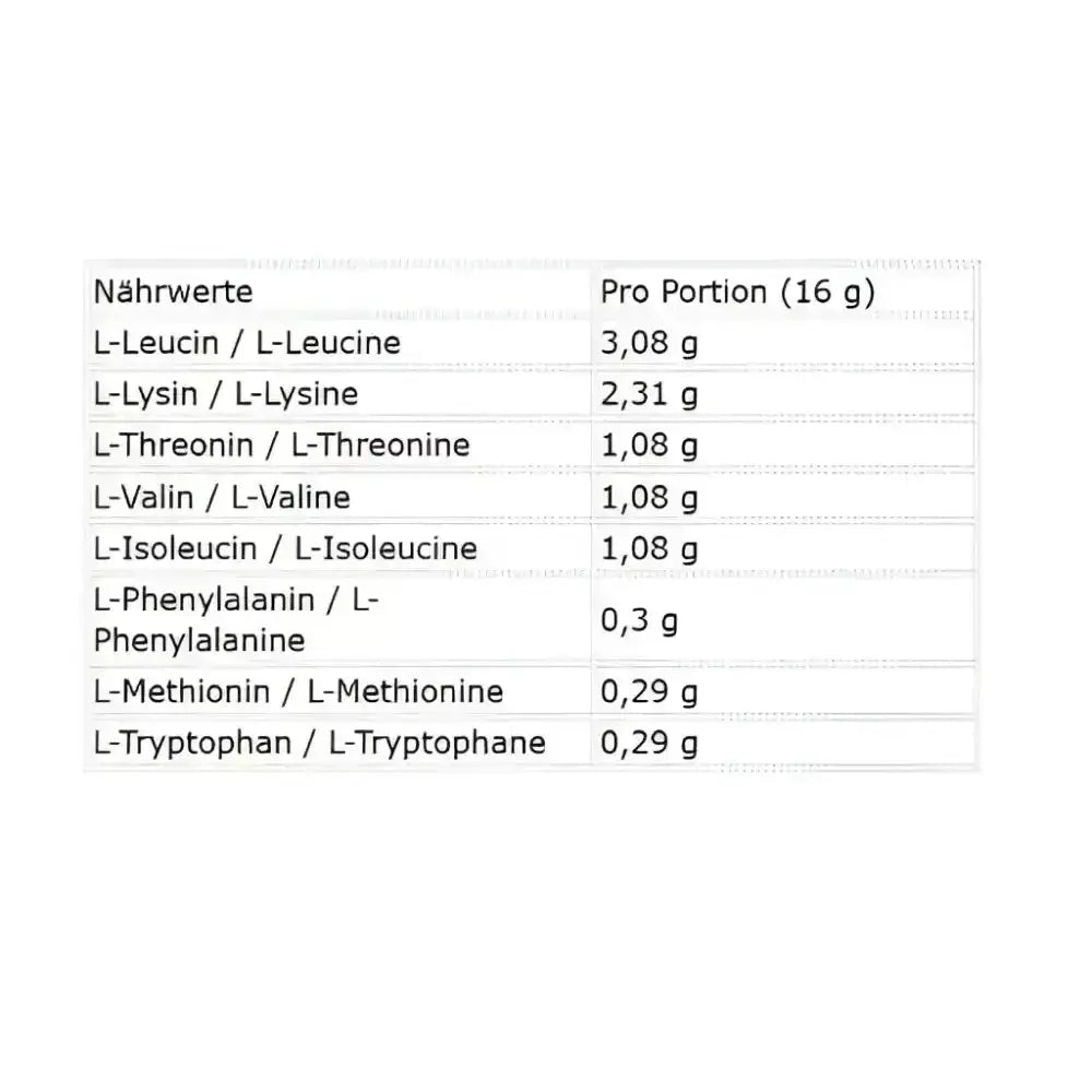 NNT EAA 500g mit Nährwerttabelle für essentiellen Aminosäuren, gesund essen