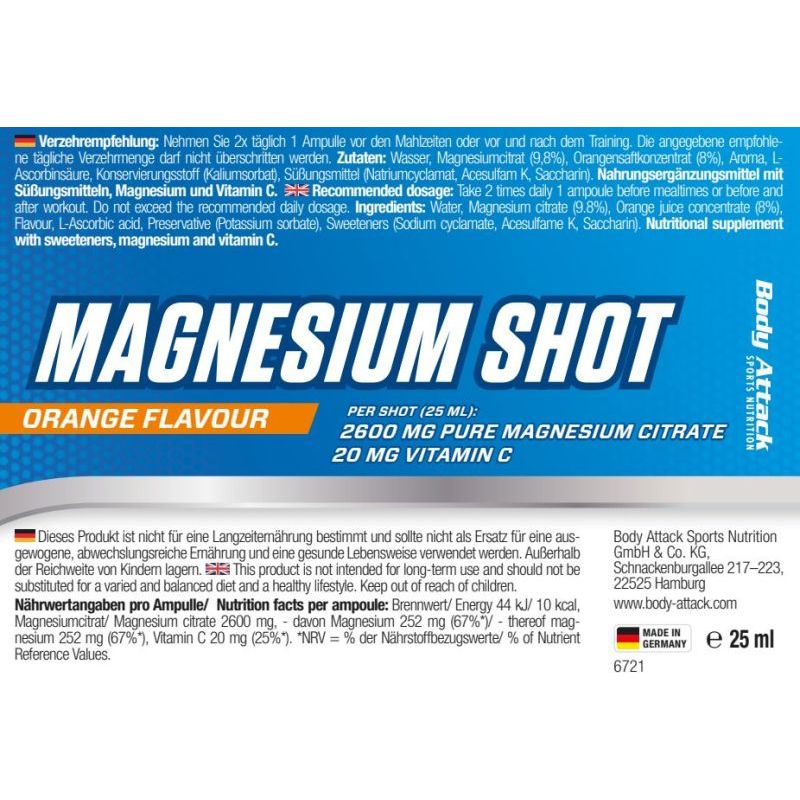 Body Attack Magnesium Shots 20x25ml - Orange