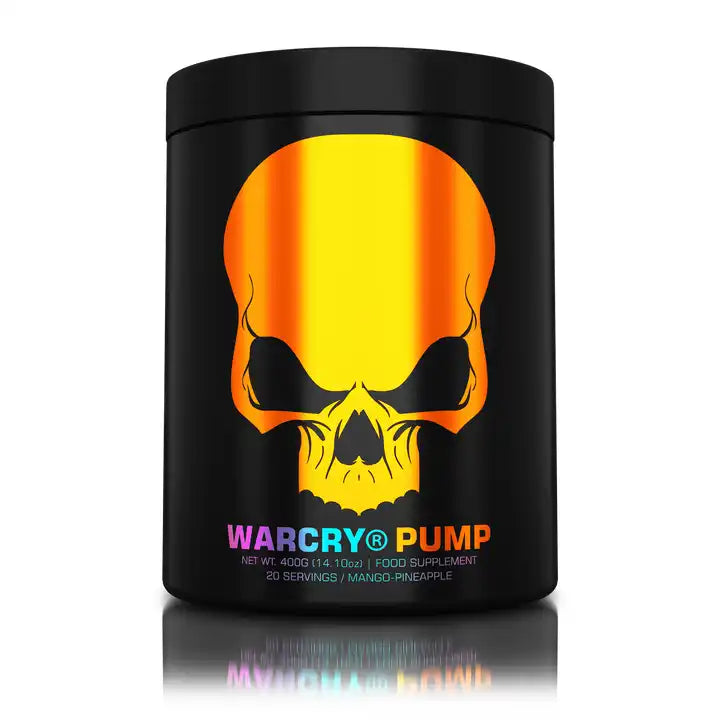 Schwarzer Container mit Totenkopf-Design für Genius Nutrition Warcry PUMP 400g