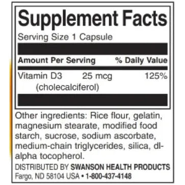 Swanson Vitamin D3 - 1000 IU - 30 Kapsel